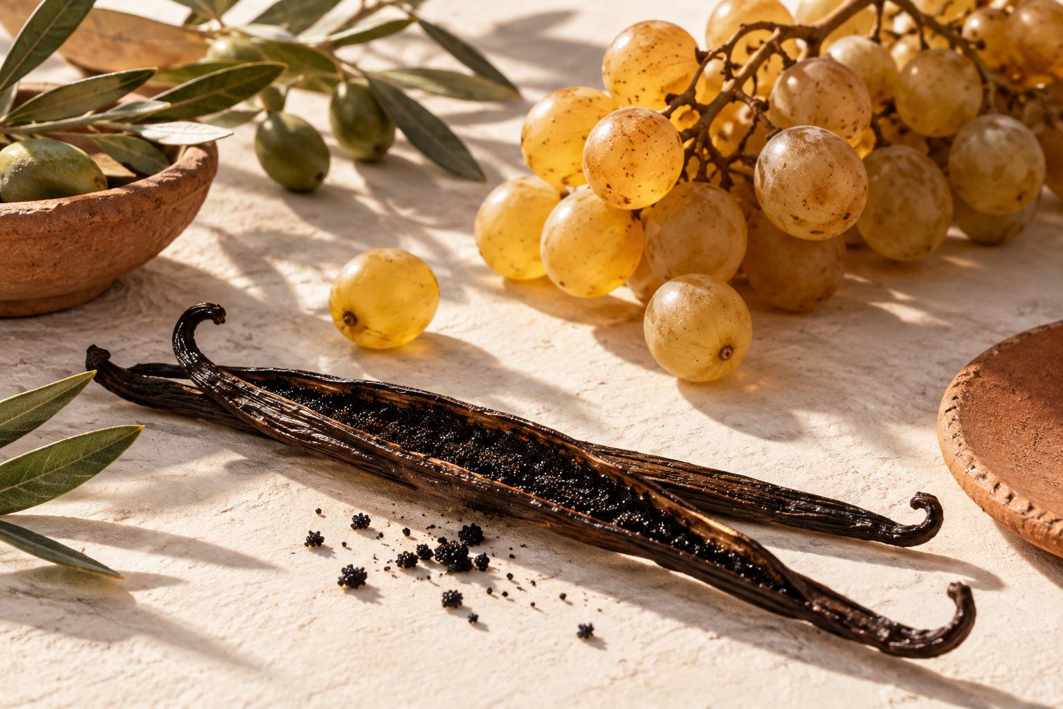 Gros plan sur une gousse de vanille fendue et une grappe de raisin doré