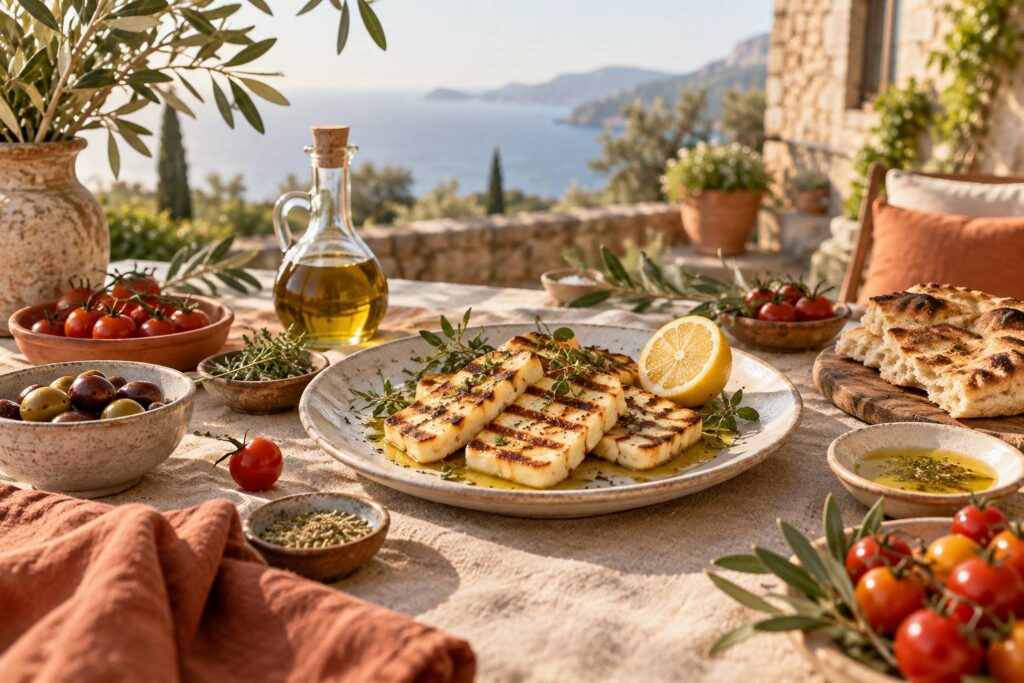Tranches de fromage grille dorees sur une assiette avec citron et herbes fraiches