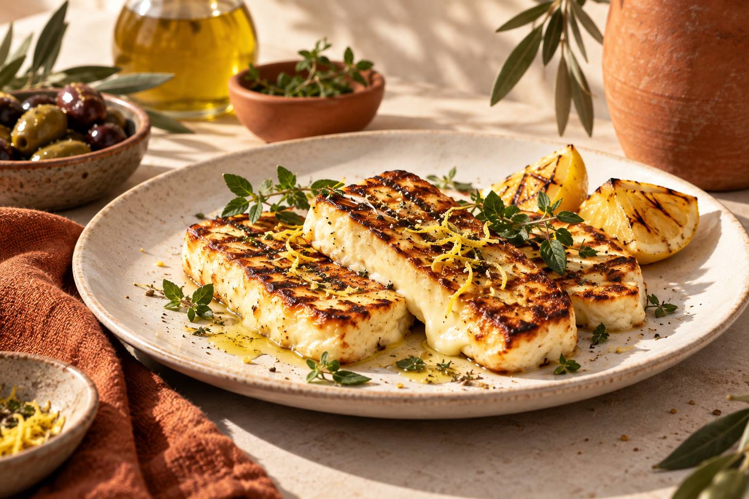 Tranches de fromage a griller marquees par la plancha avec herbes et citron