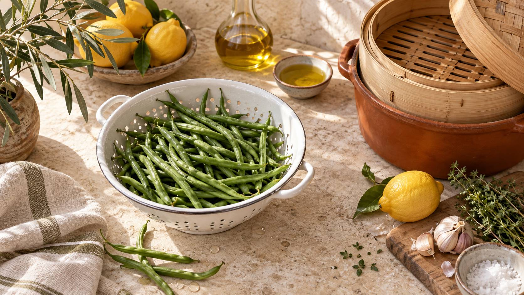 Haricots verts effiles et panier vapeur sur un plan de travail