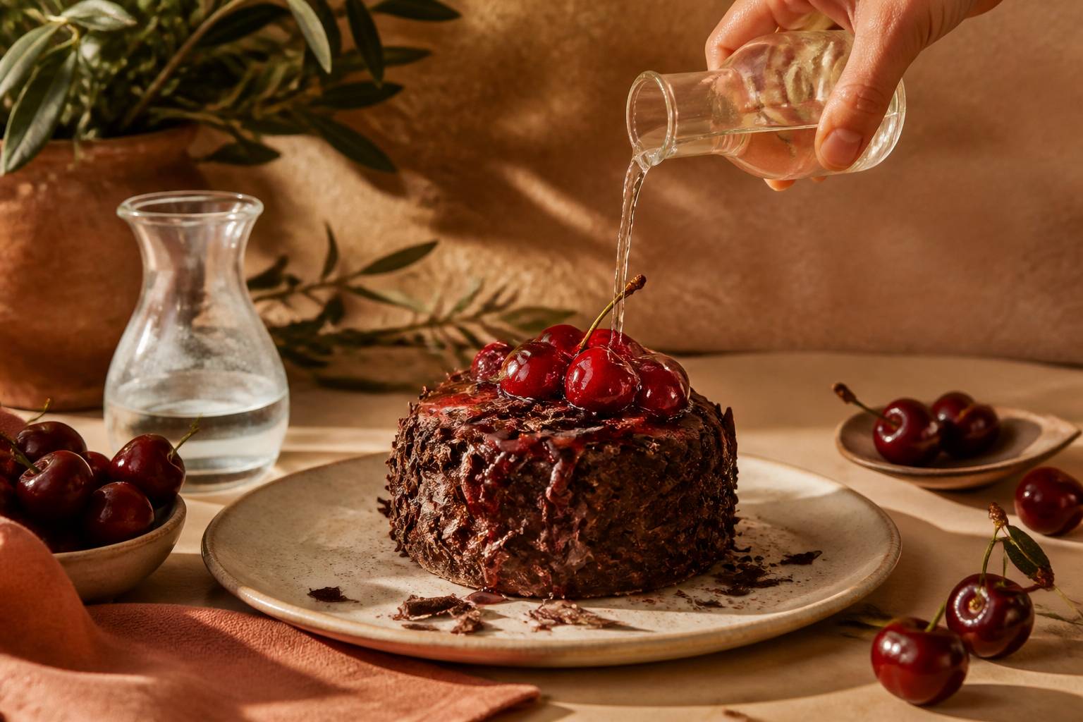 Filet de kirsch versé sur un dessert au chocolat et aux cerises dans une assiette
