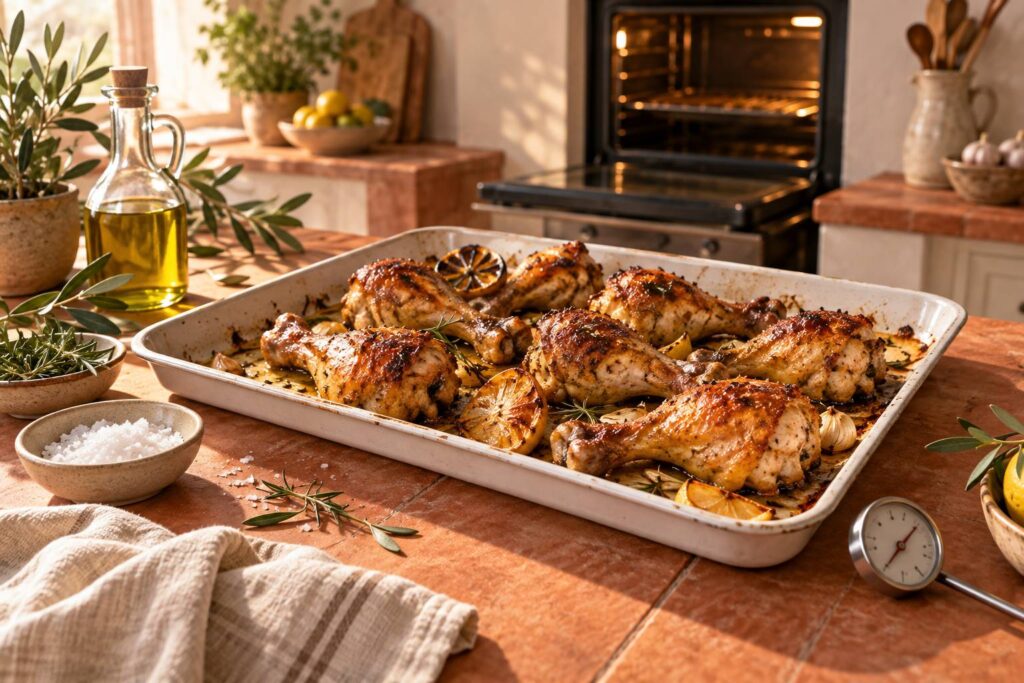 Illustration éditoriale du sujet : Le secret d'un pilon de poulet parfaitement croustillant : guide ultime pour une cuisson au four réussie