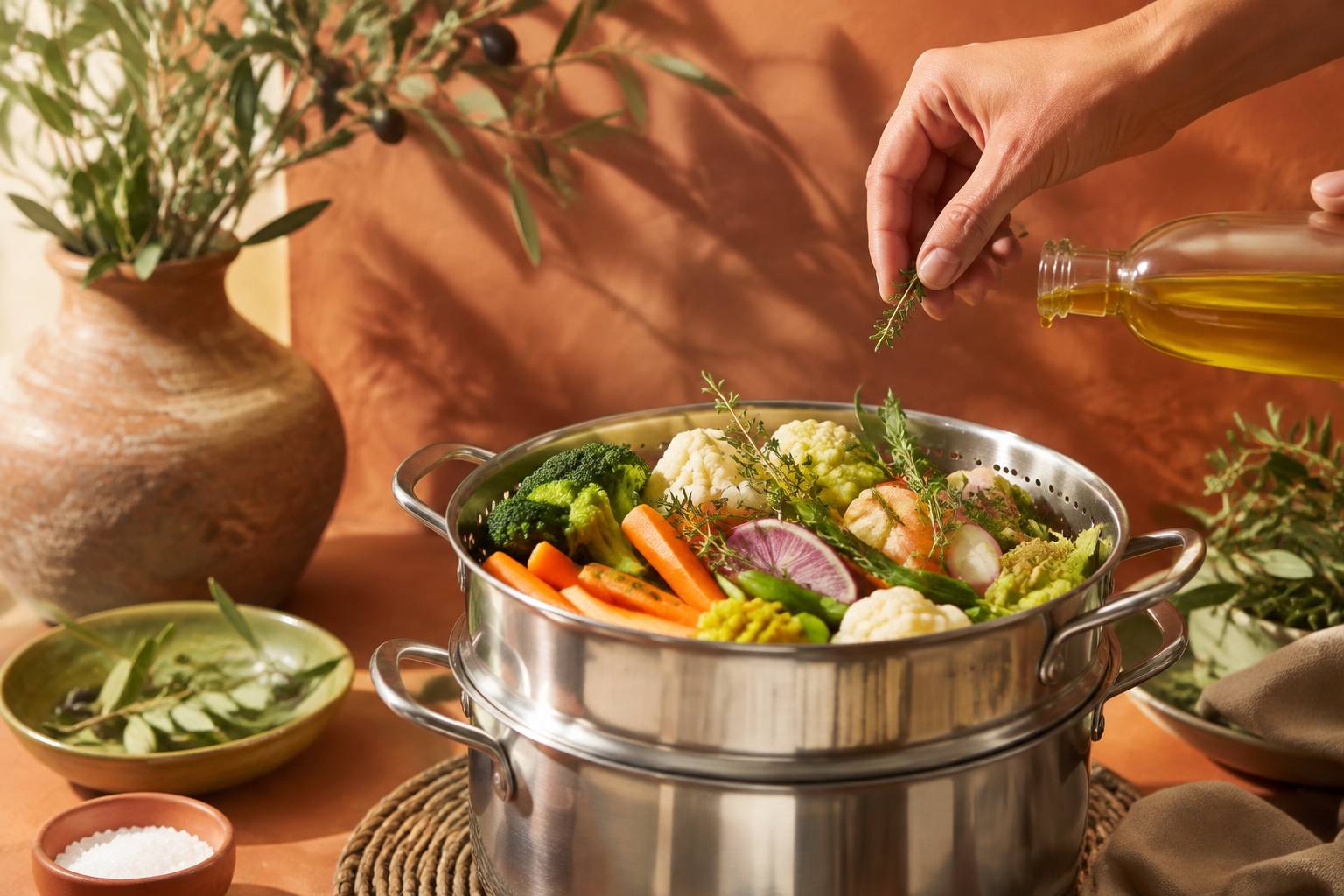 Légumes frais dans un panier vapeur avec herbes et huile d'olive