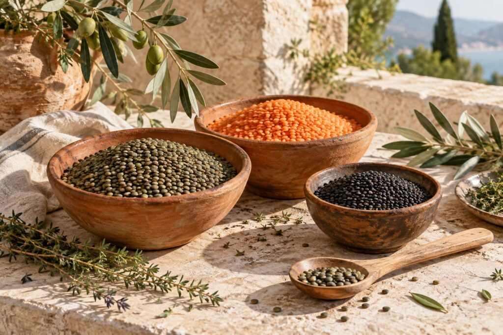 Bols de lentilles vertes, corail et noires sur une table en pierre du Sud