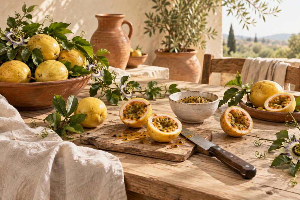 Fruits de la passion jaunes coupés en deux avec pulpe dorée et graines noires sur une table en bois