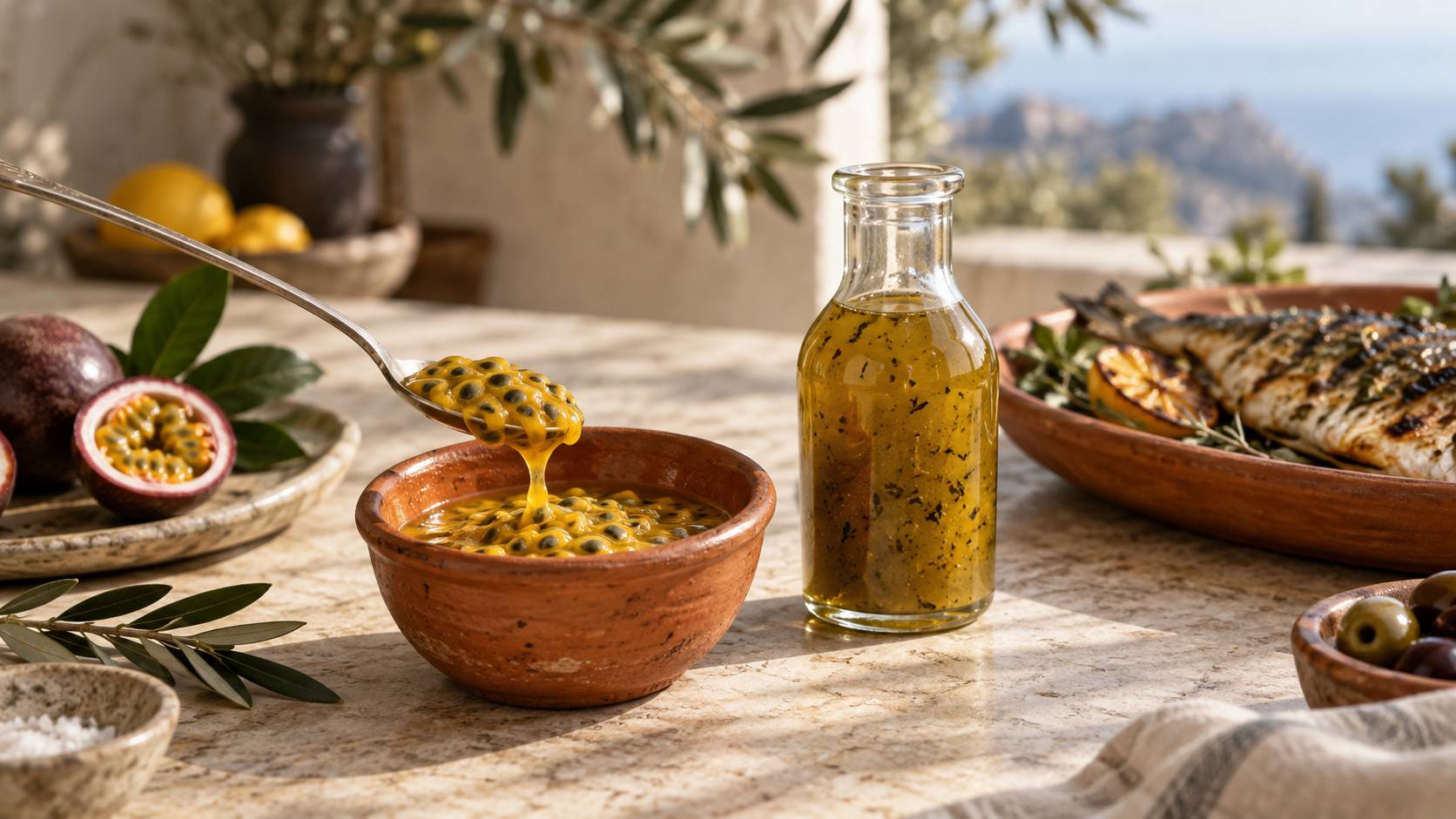 Fruits de la passion jaunes coupés en deux avec pulpe dorée et graines noires sur une table en bois