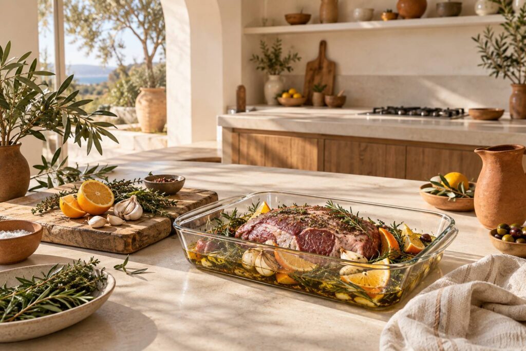 Viande en marinade dans un plat en verre avec herbes et agrumes