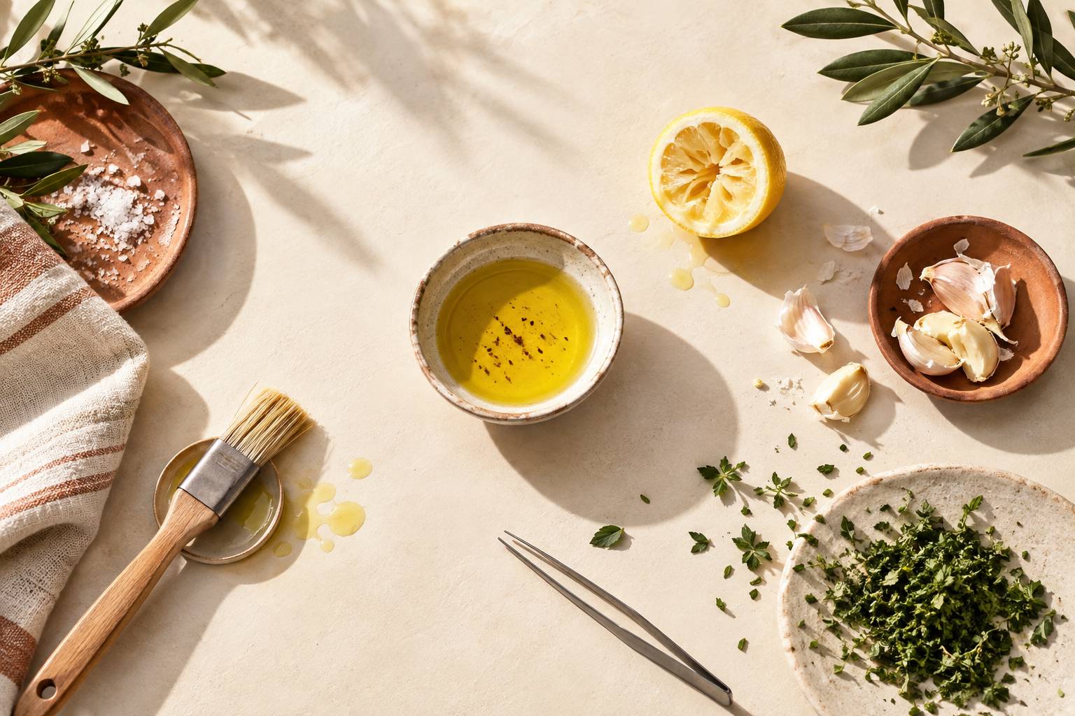 Ingrédients d'une marinade sur un plan de travail de cuisine