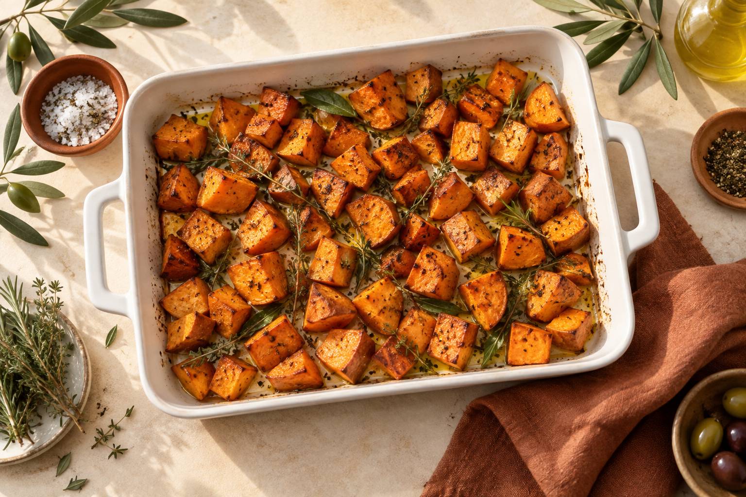 Cubes de patate douce rôtis sur une plaque avec herbes fraîches