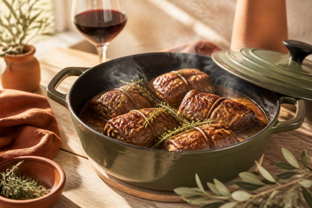 Paupiettes de veau dorées mitonnant dans une cocotte en fonte avec une sauce brune au thym