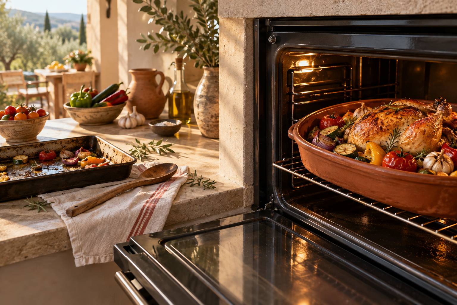 Plat de poulet dorant au four avec légumes et cuillère en bois