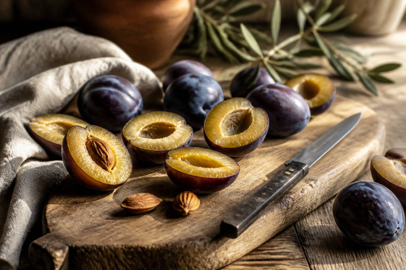 Quetsches coupées en deux avec leurs noyaux sur une planche en bois pour la cuisine