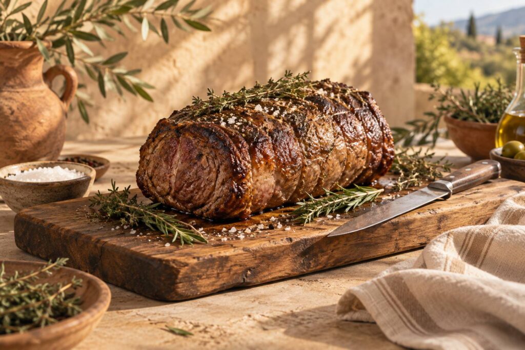 Rosbeef saisi sur une planche en bois avec thym et romarin