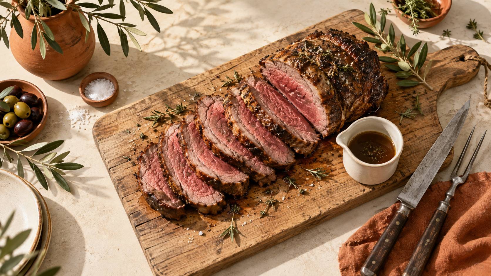 Roti de boeuf tranche rose sur une planche en bois avec son jus
