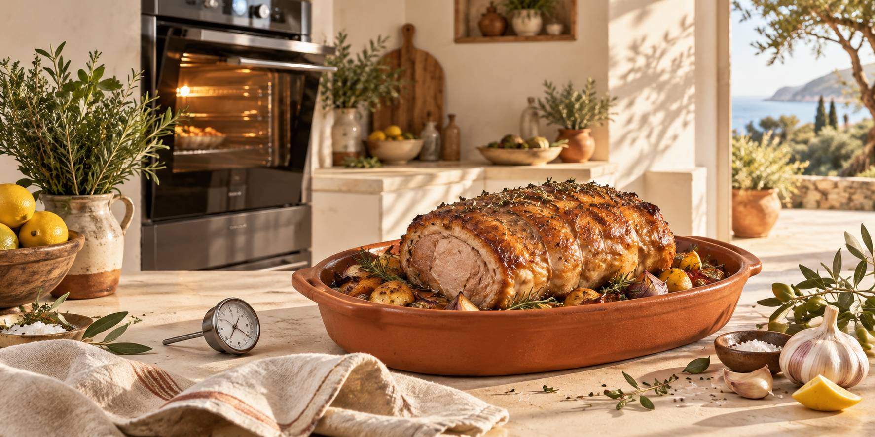 Illustration éditoriale du sujet : Rôti de porc au four : Découvrez le temps de cuisson parfait avec la chaleur tournante