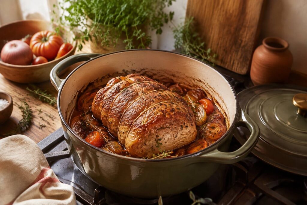 Rôti de porc doré dans une cocotte en fonte avec oignons et tomate