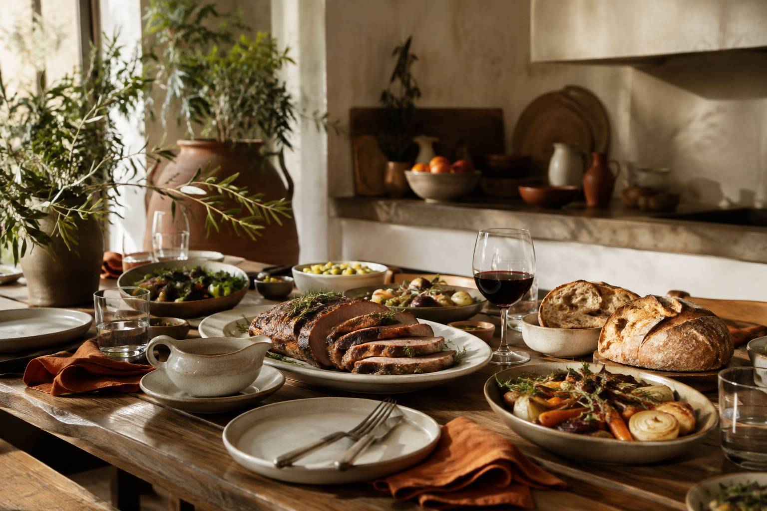 Rôti de porc tranché servi avec légumes et vin rouge