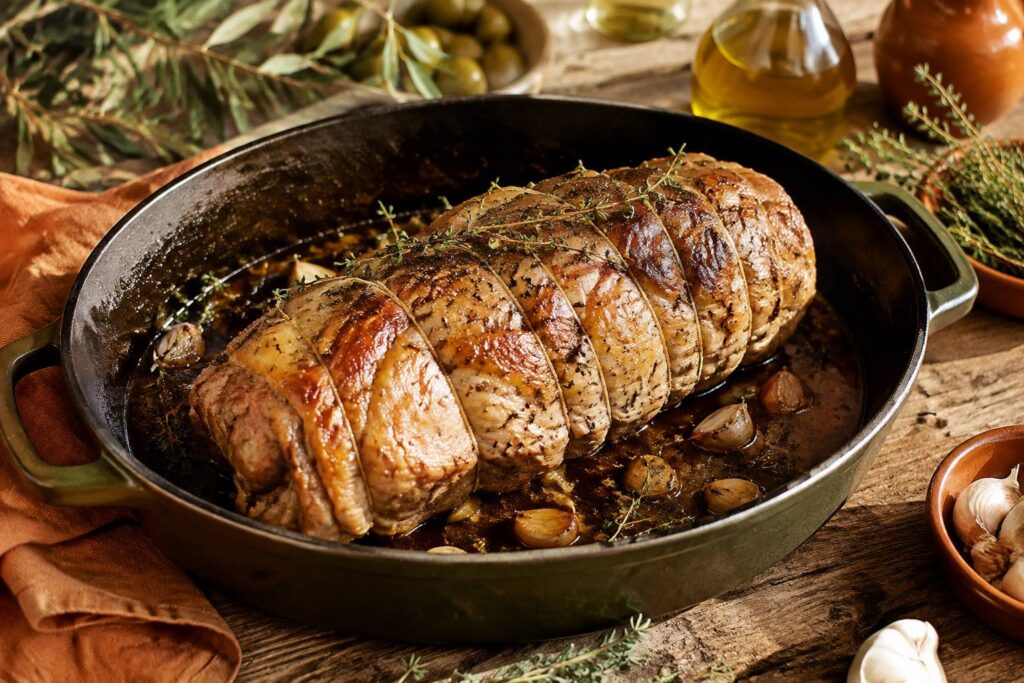 Rôti de veau ficelé et doré en cocotte avec branches de thym
