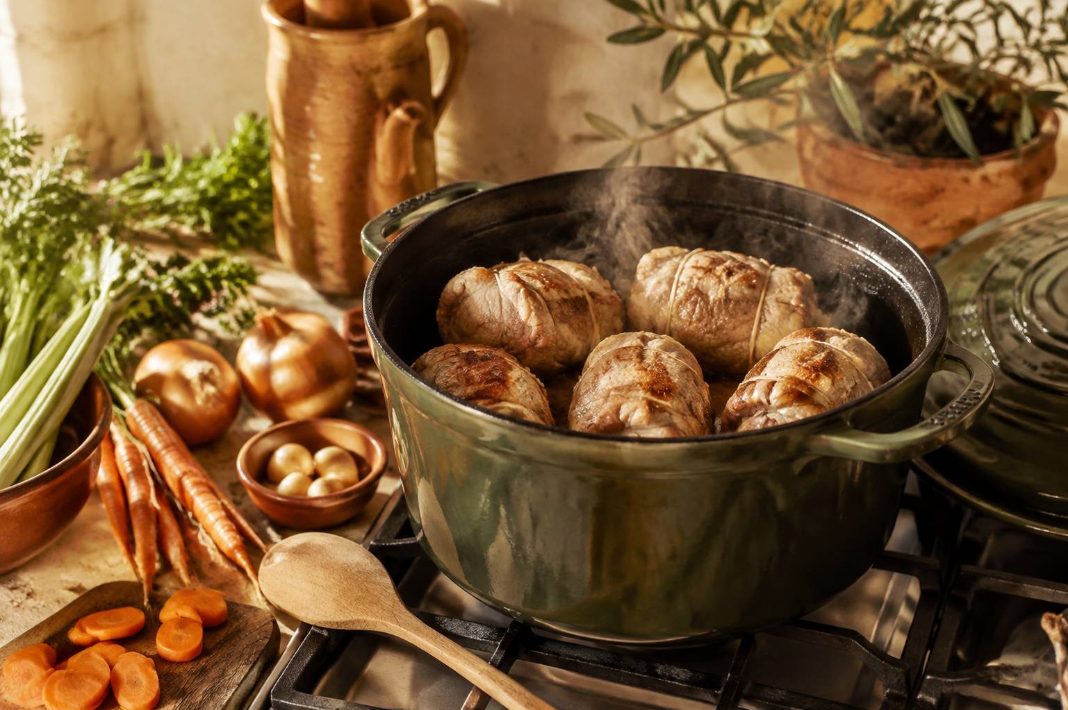Paupiettes de veau ficelées saisies dans une cocotte avec carottes, oignons et céleri
