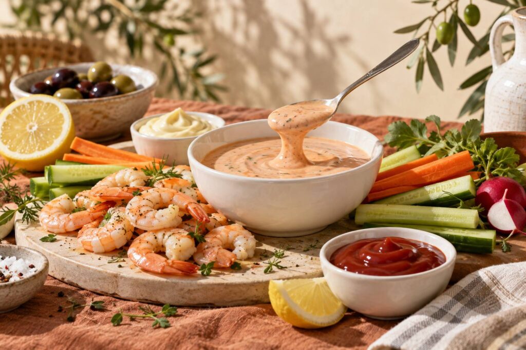 Bol de sauce cocktail maison avec crevettes et citron sur une table