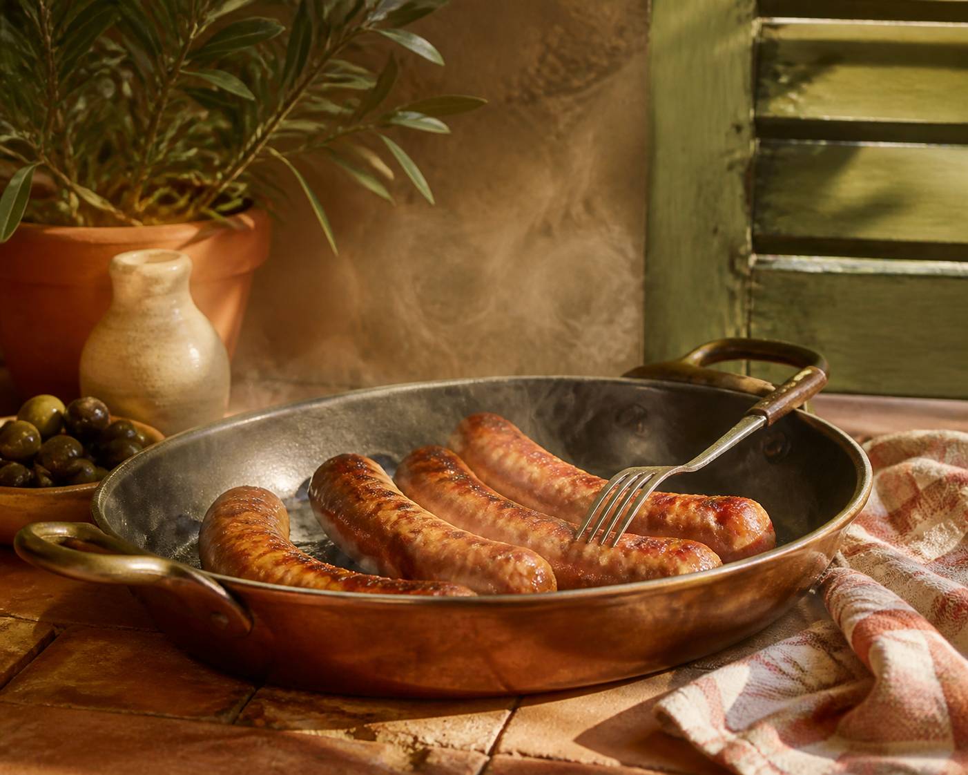 Saucisses de Toulouse dorées piquées à la fourchette dans la poêle