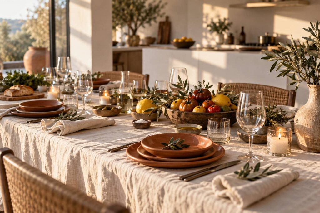 Table dressée pour un dîner à domicile avec céramique artisanale et bougies