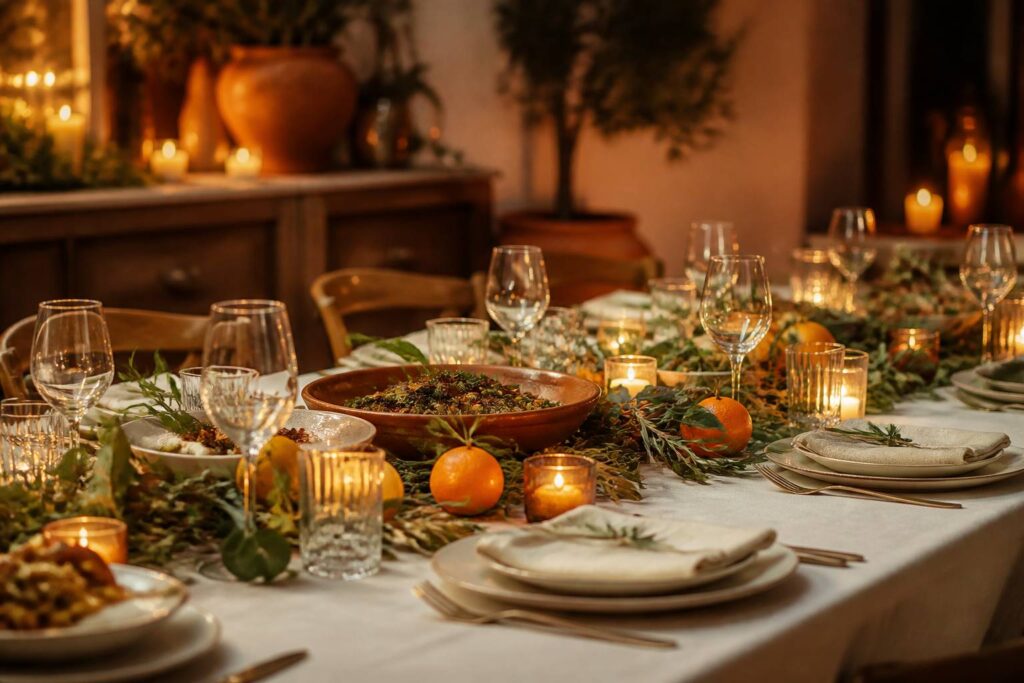 Table de fête méditerranéenne dressée avec agrumes et bougies basses