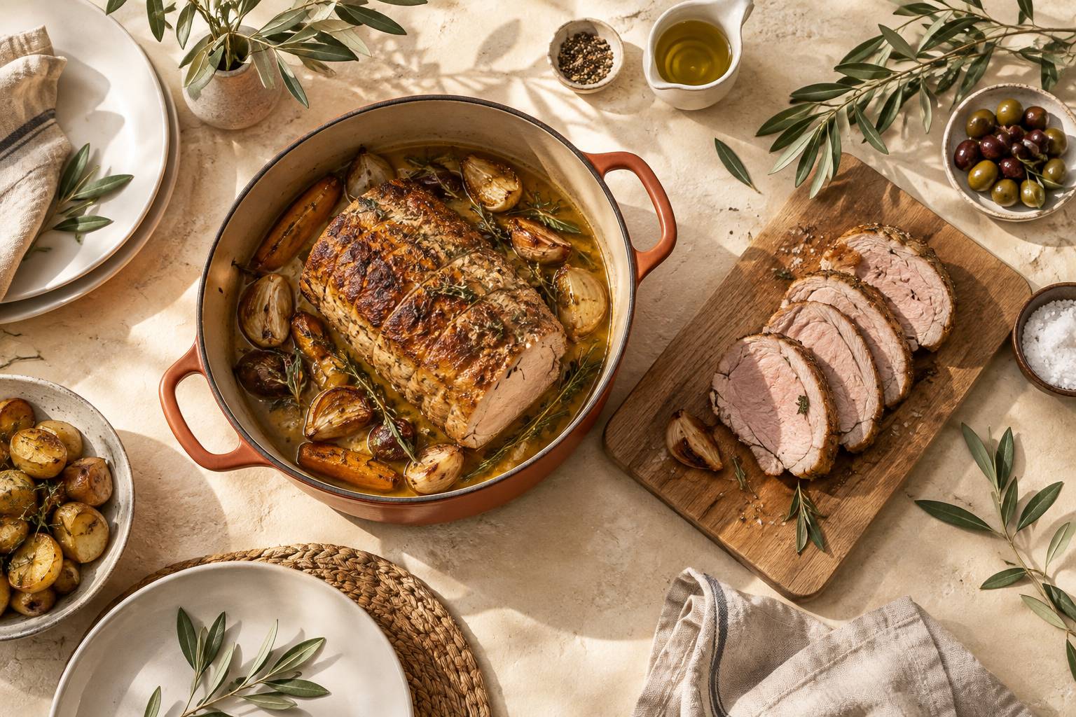 Roti de porc dore dans un plat en fonte avec tranches rose tendre