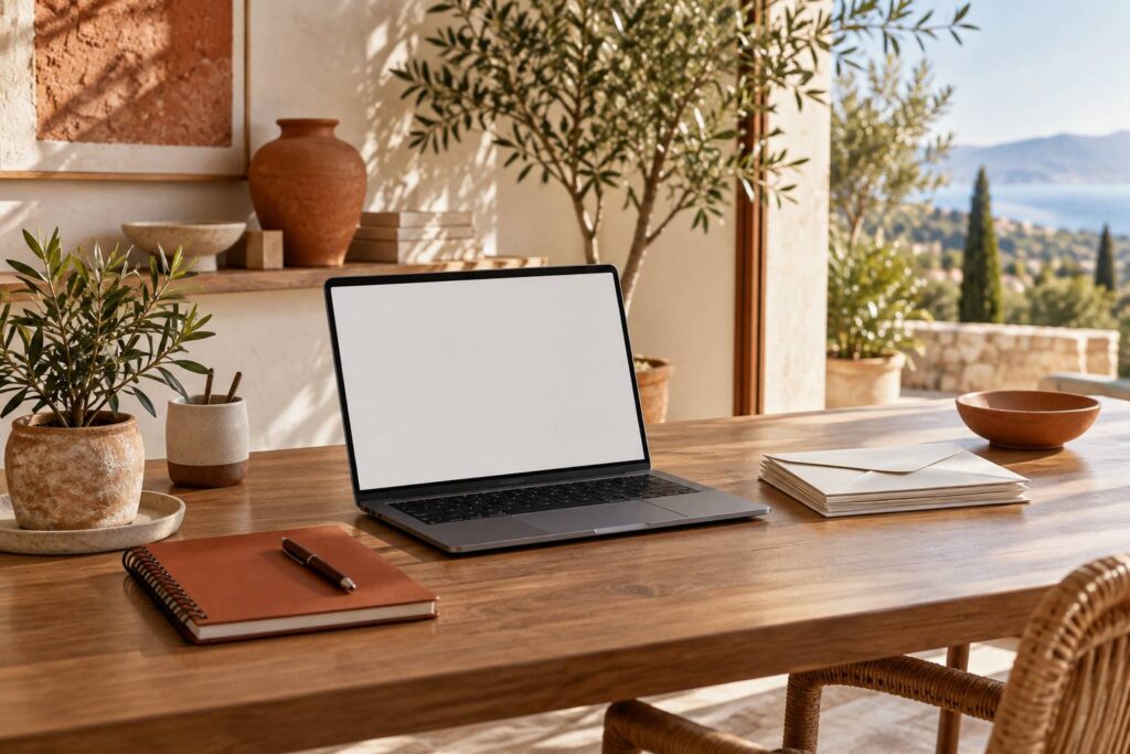 Bureau clair avec ordinateur portable, enveloppes et carnet ferme