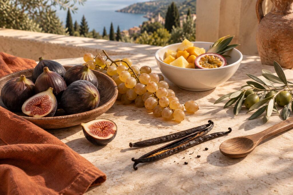 Gousses de vanille, raisin et fruits tropicaux sur une table en pierre du Sud