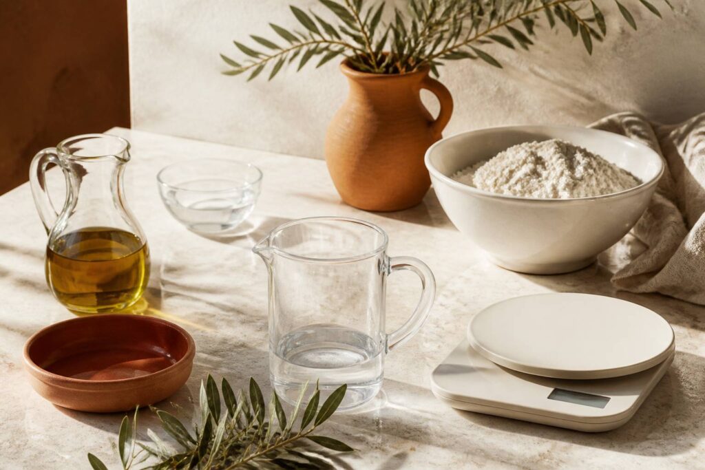 Verre doseur et balance de cuisine avec farine et huile sur pierre