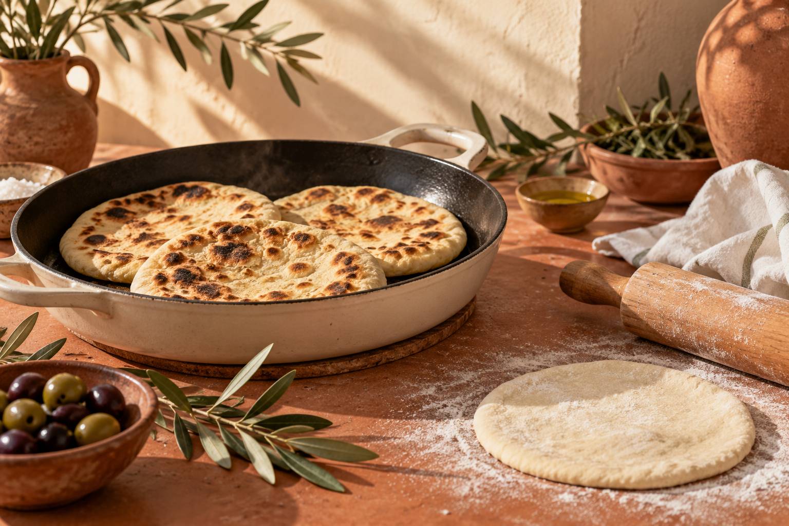 Galettes de pain plates dorees sur une poele