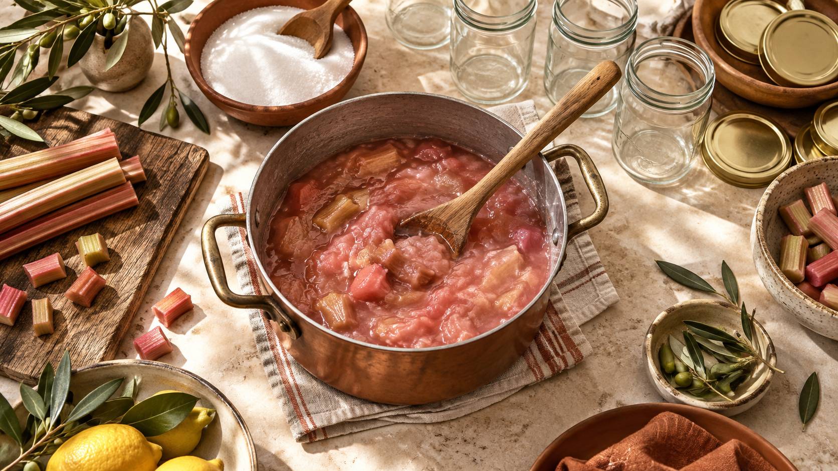 Tiges de rhubarbe et sucre dans une casserole sur un plan de travail