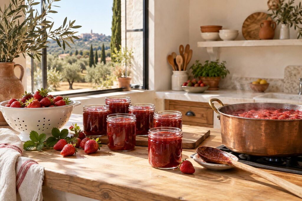 Pots de confiture de fraises maison sur un plan de travail en bois clair