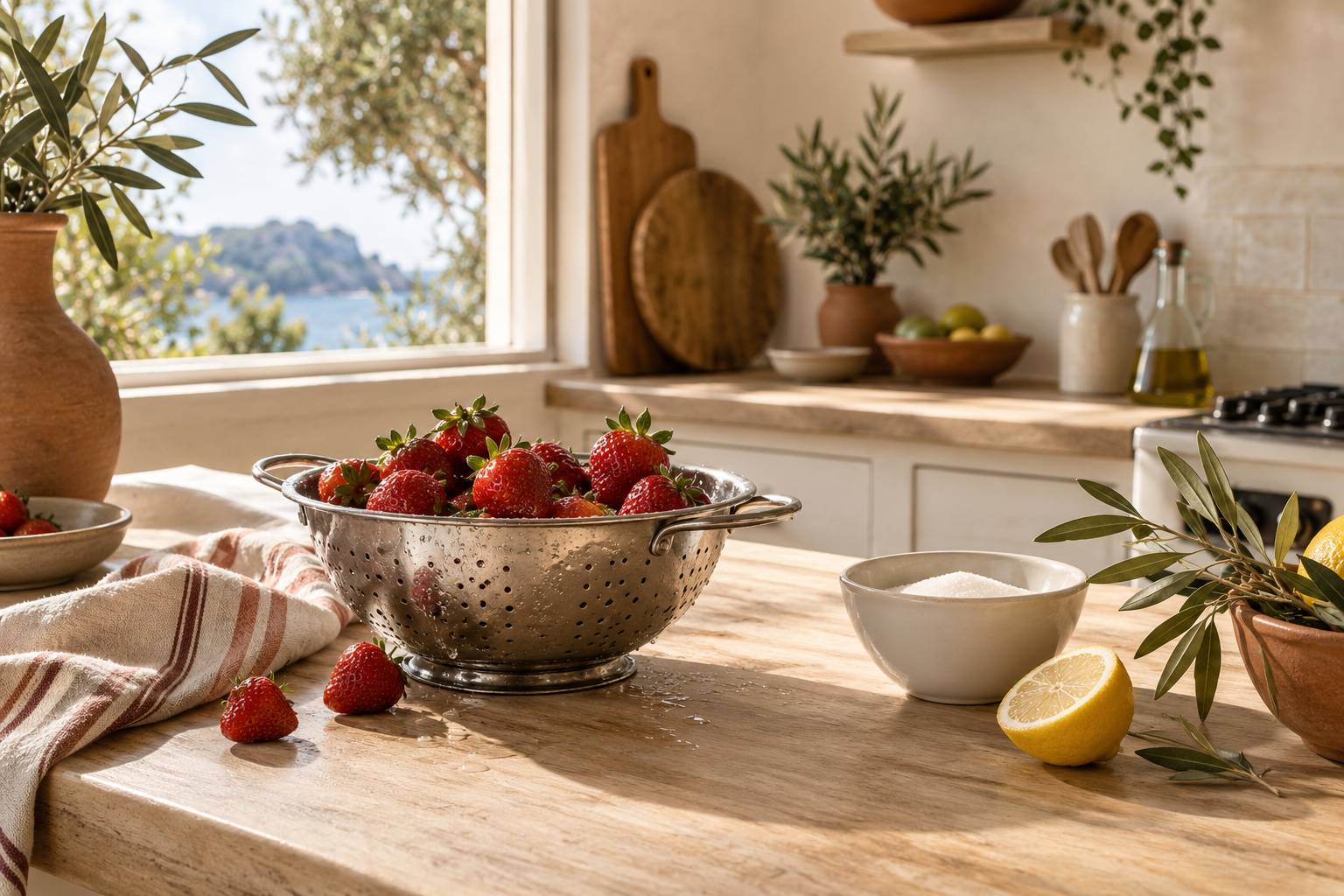 Fraises fraiches dans une passoire pres d'un saladier de sucre
