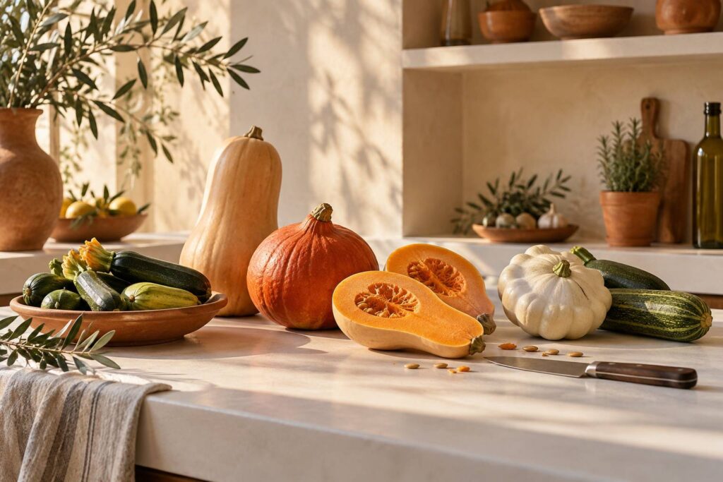 Courges variées entières et coupées sur un plan de travail de cuisine