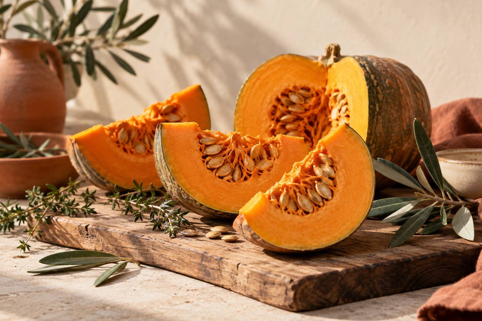 Tranches de courge et pépins visibles sur une planche en bois