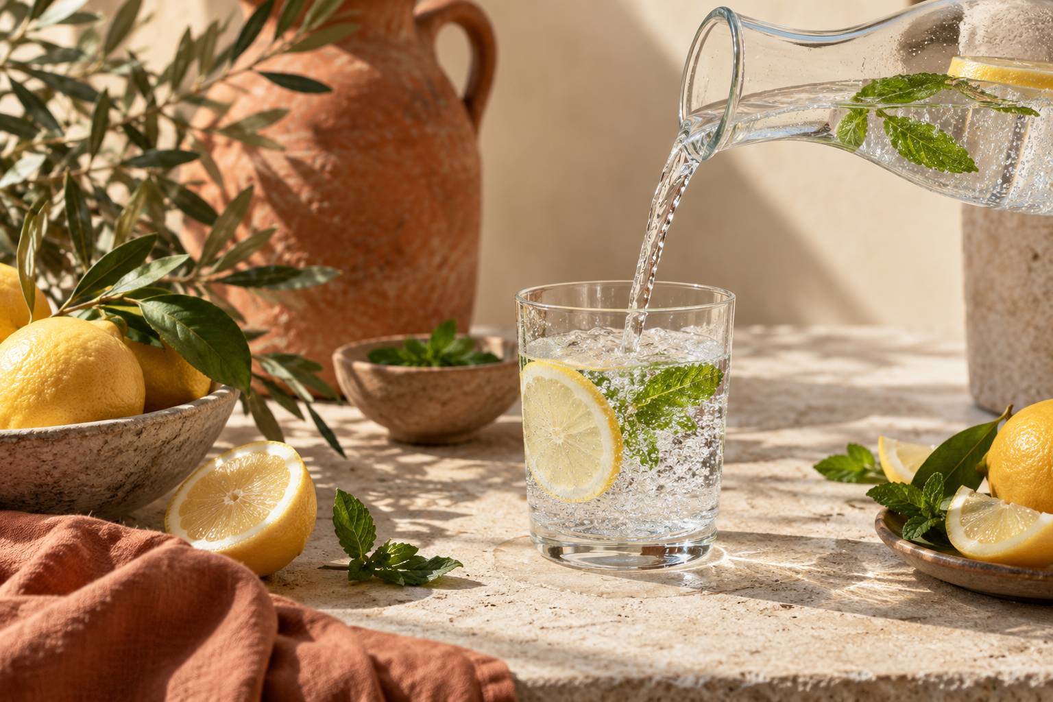 Eau minérale versée dans un verre avec citron et menthe fraîche