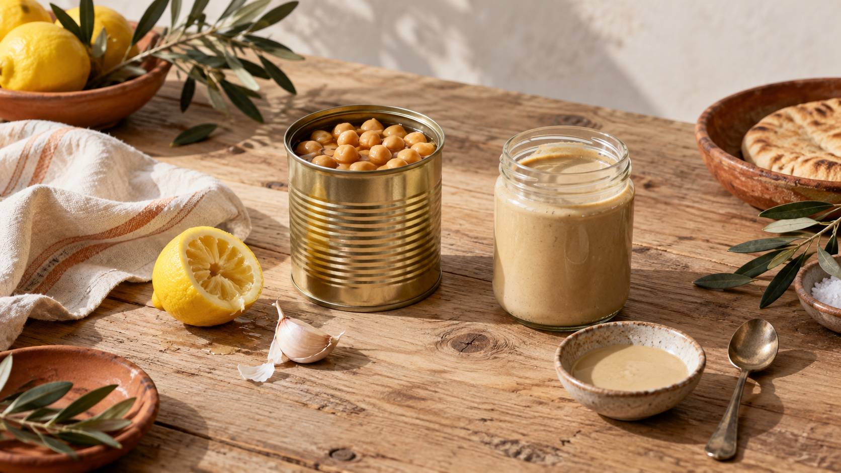 Pois chiches, tahini et citron sur un plan de cuisine levantine