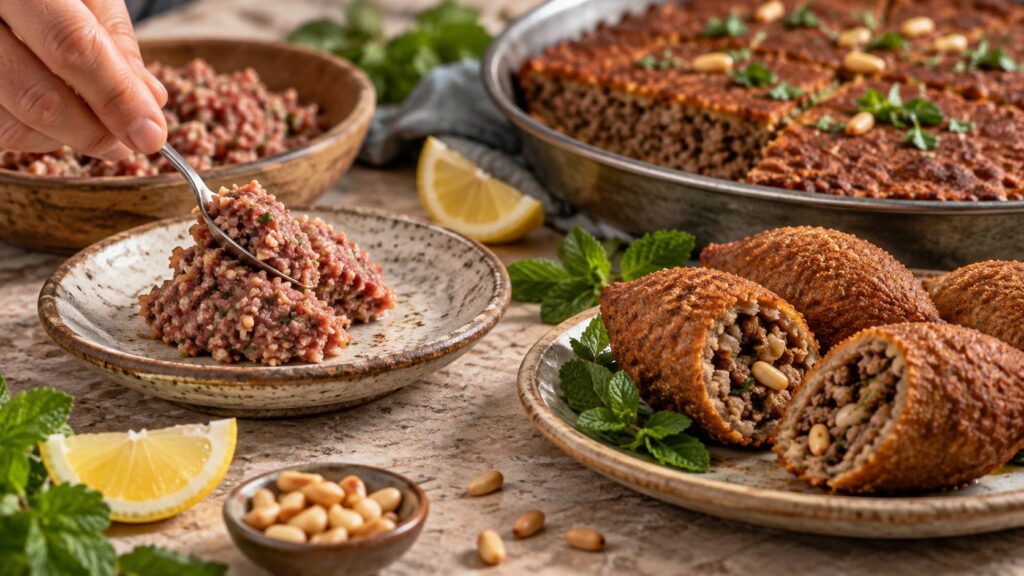 Plan de détail illustrant le sujet de l'article : Kibbeh : cru, frit, au plateau