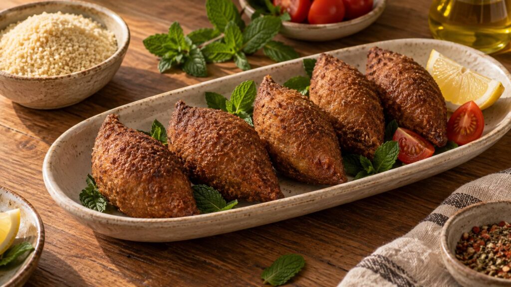 Plateau de kibbeh dorés avec semoule, menthe fraîche et citron