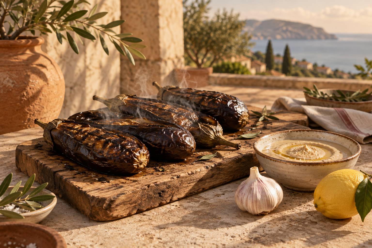 Aubergines grillees et puree de sesame sur une planche en bois