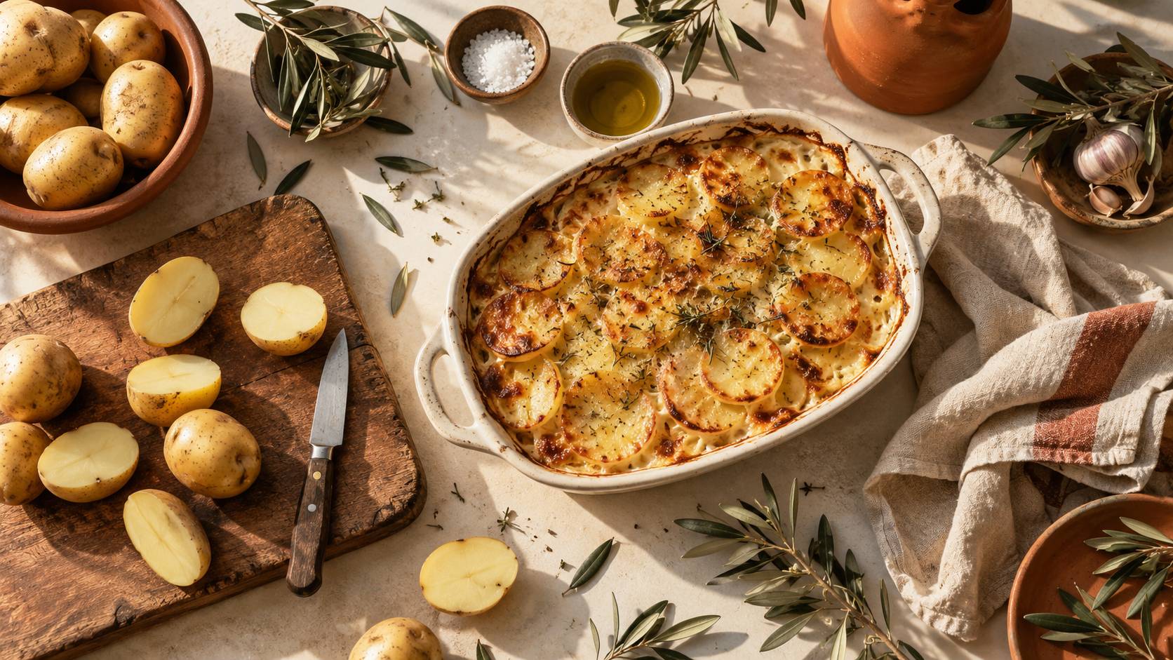 Pommes de terre coupées en deux avec couteau et plat gratiné