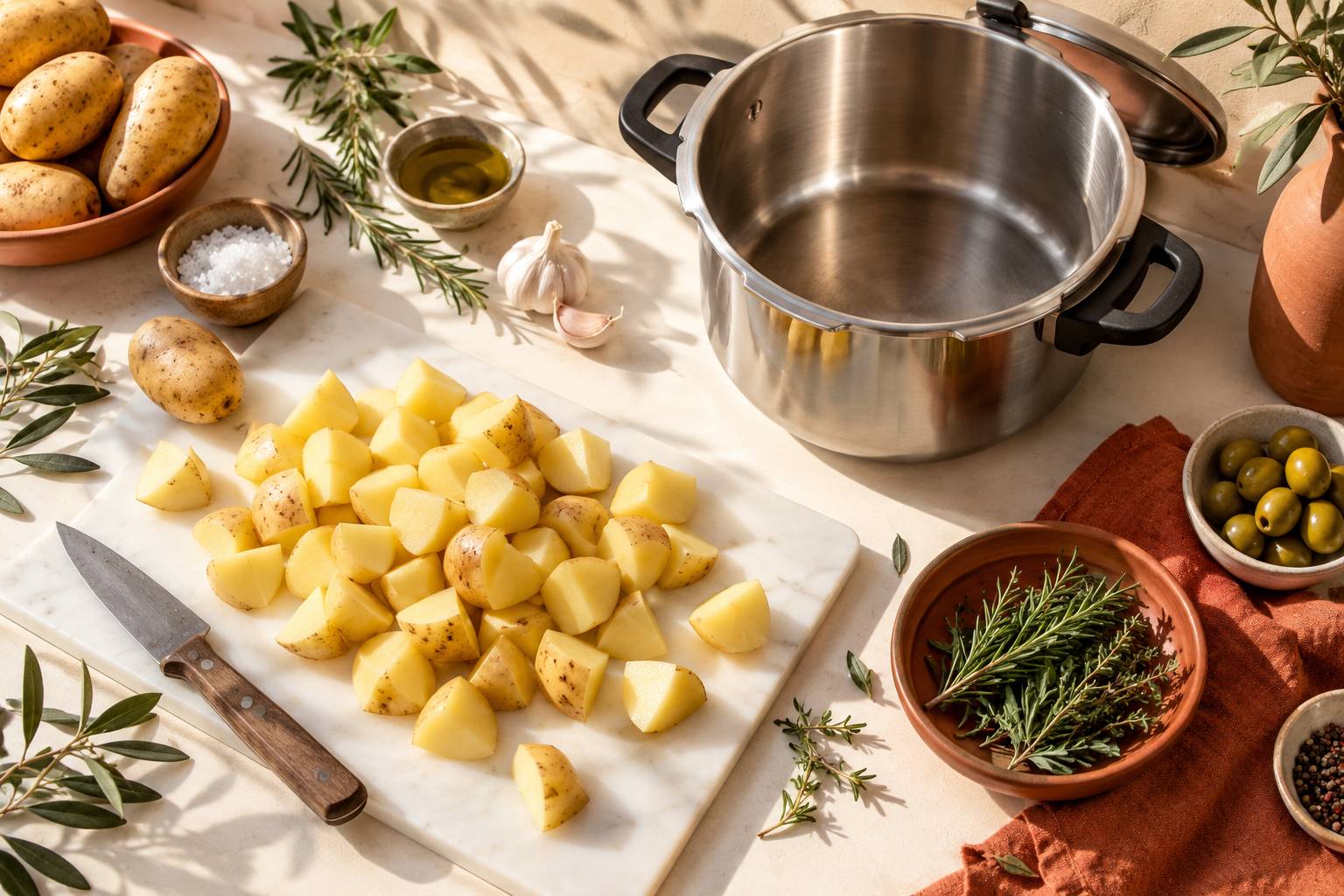 Pommes de terre en cubes et autocuiseur sur un plan de travail