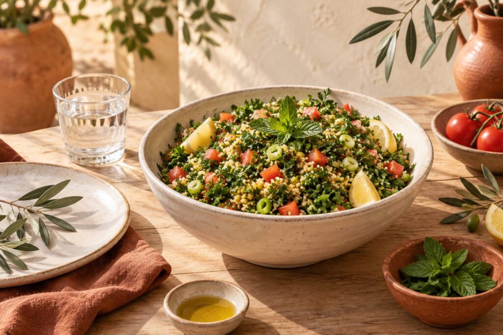 Grand saladier de taboule libanais au persil, boulgour et tomates sur une table