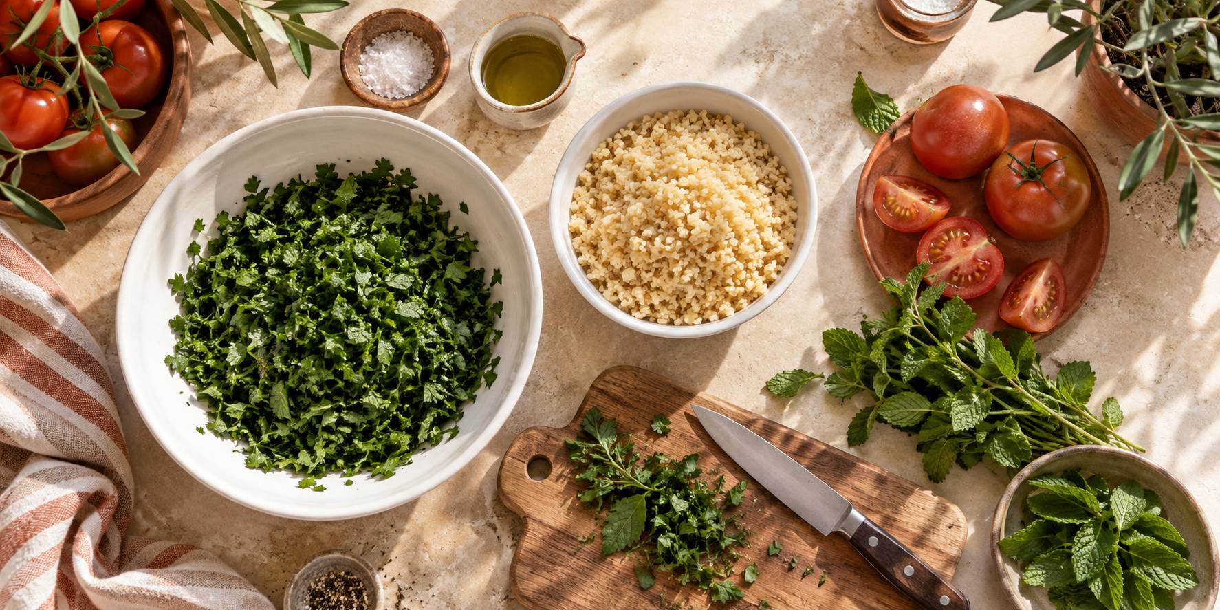 Plan de travail avec persil hache, boulgour fin et tomates pour le taboule