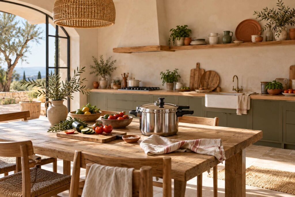 Cuisine lumineuse avec cocotte-minute et légumes frais sur un plan de travail en bois clair