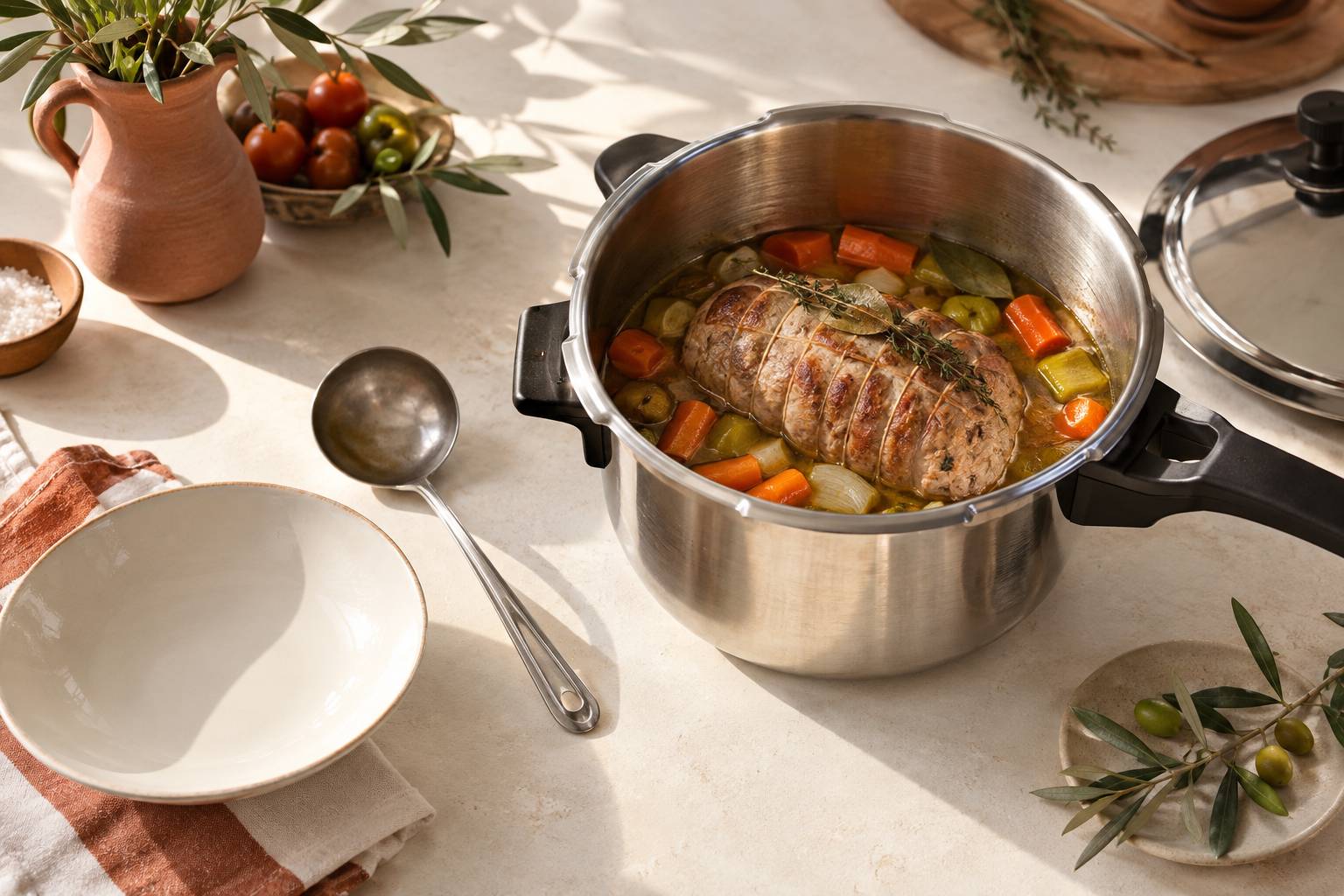 Roulé de viande ficelé au jus avec légumes dans une cocotte-minute ouverte