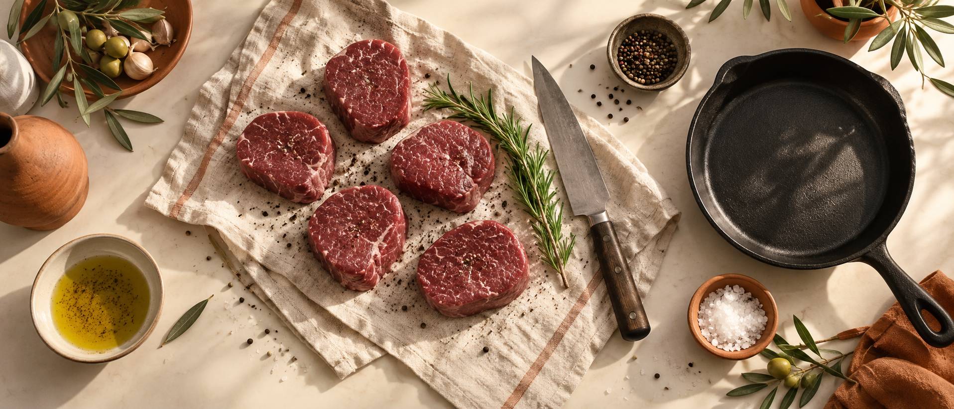 Tranches de filet de bœuf crues sur torchon avec couteau et poele